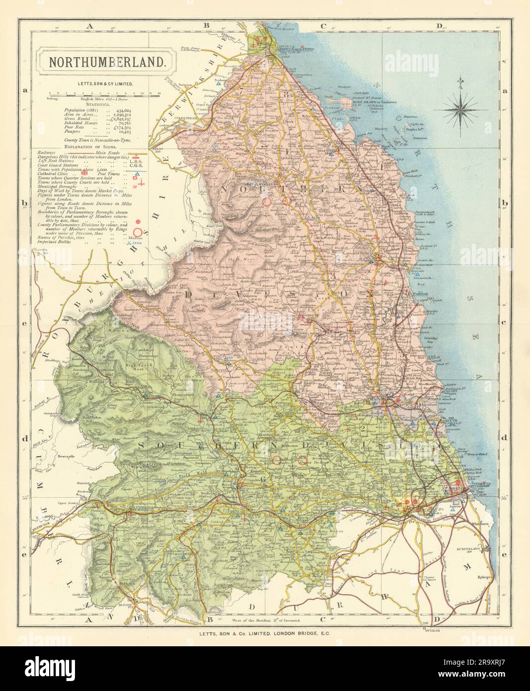 Karte von Northumberland County mit Post Towns & Market Days. LETTS 1884 Jahre alt Stockfoto
