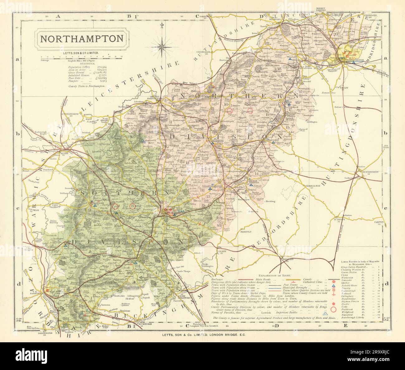 Karte des Bezirks Northamptonshire mit Post Towns & Market Days. LETTS 1884 Stockfoto