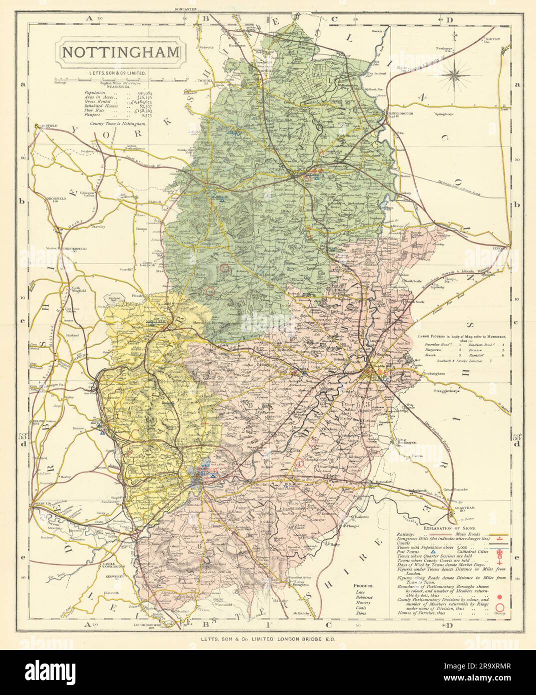 Karte des Bezirks Nottinghamshire mit Post Towns & Market Days. LETTS 1884 Stockfoto