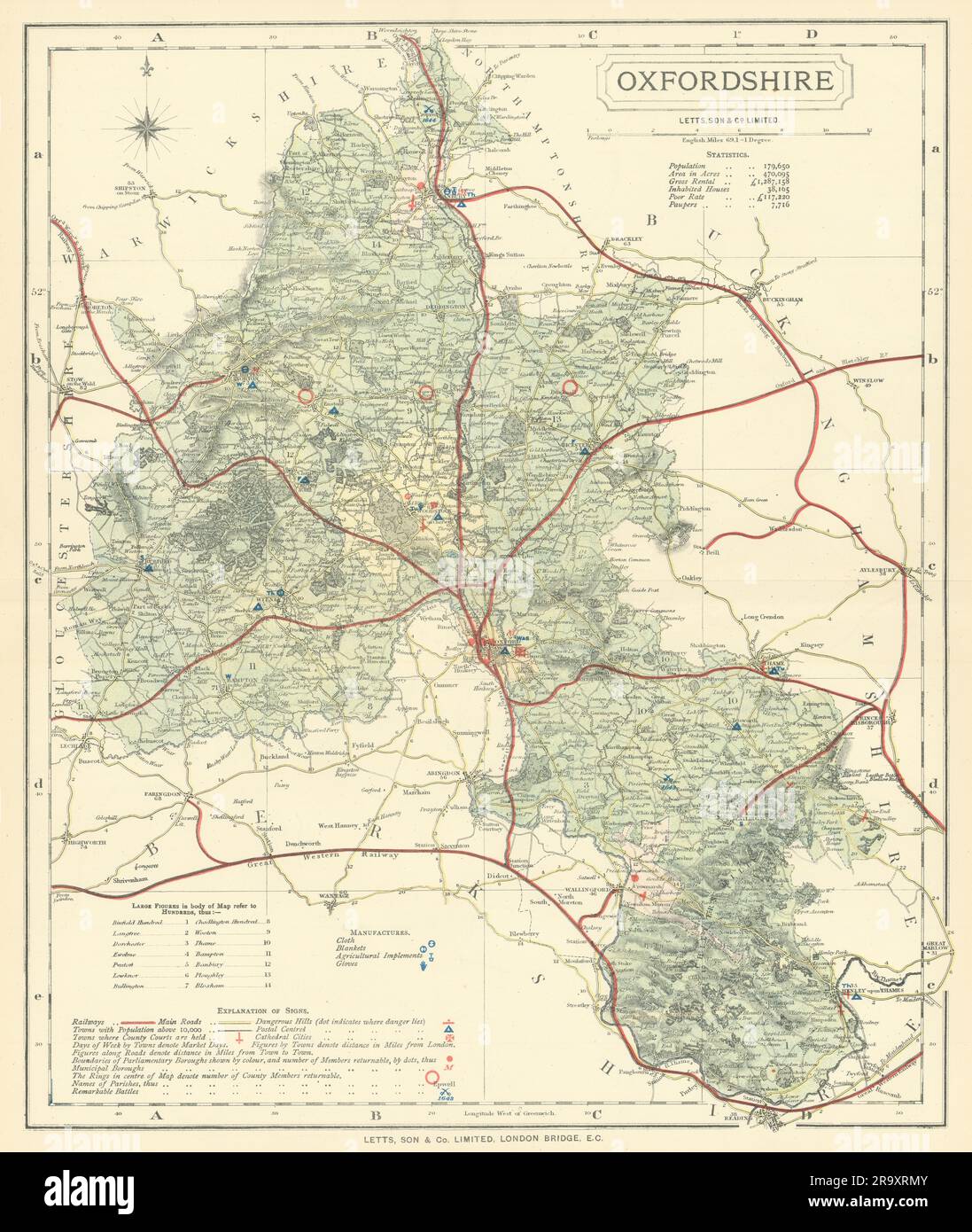 Karte des Bezirks Oxfordshire mit Post Towns & Market Days. LETTS 1884 Jahre alt Stockfoto