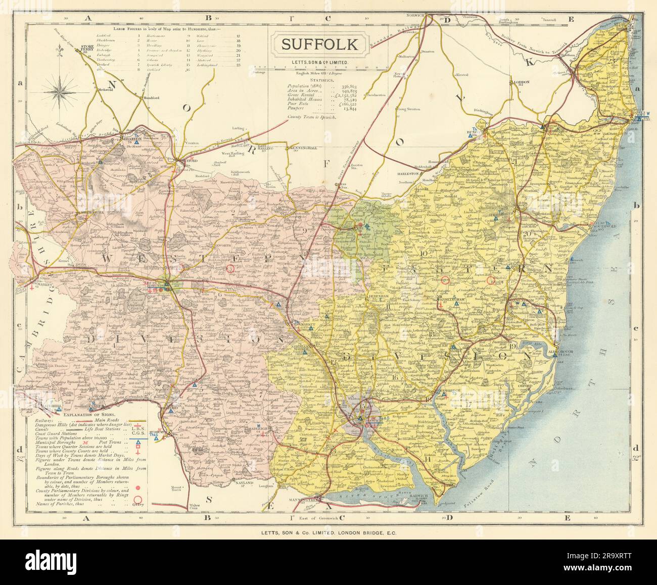 Karte des Landkreises Suffolk mit Post Towns & Market Days. LETTS 1884 Jahre alt Stockfoto
