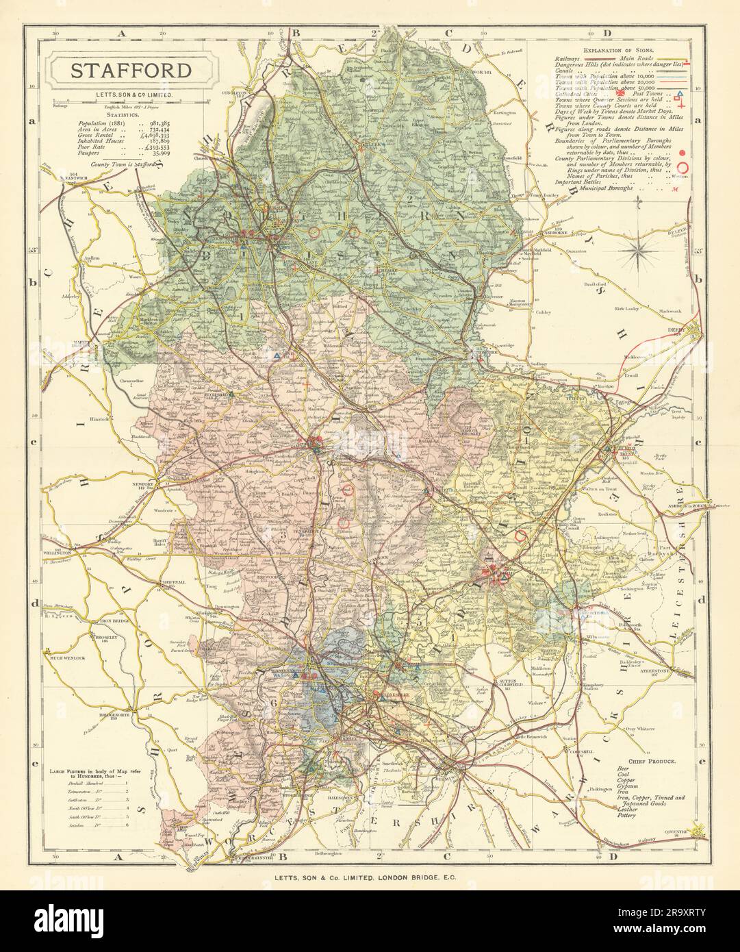 Karte des Bezirks Staffordshire mit Post Towns & Market Days. LETTS 1884 Jahre alt Stockfoto
