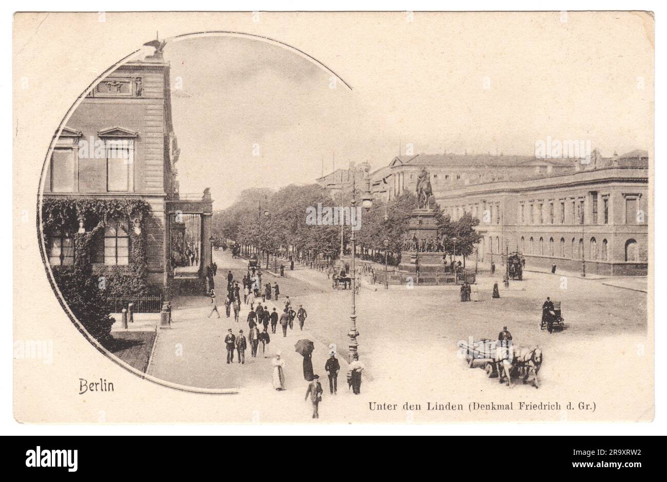 Deutschland, Berlin - ca. 1906: Vintage-Postkarte, handgetöntes Foto gedruckt 1906, Deutschland. Retro-Bild der Berliner Straße unter den Linden Bouleva Stockfoto