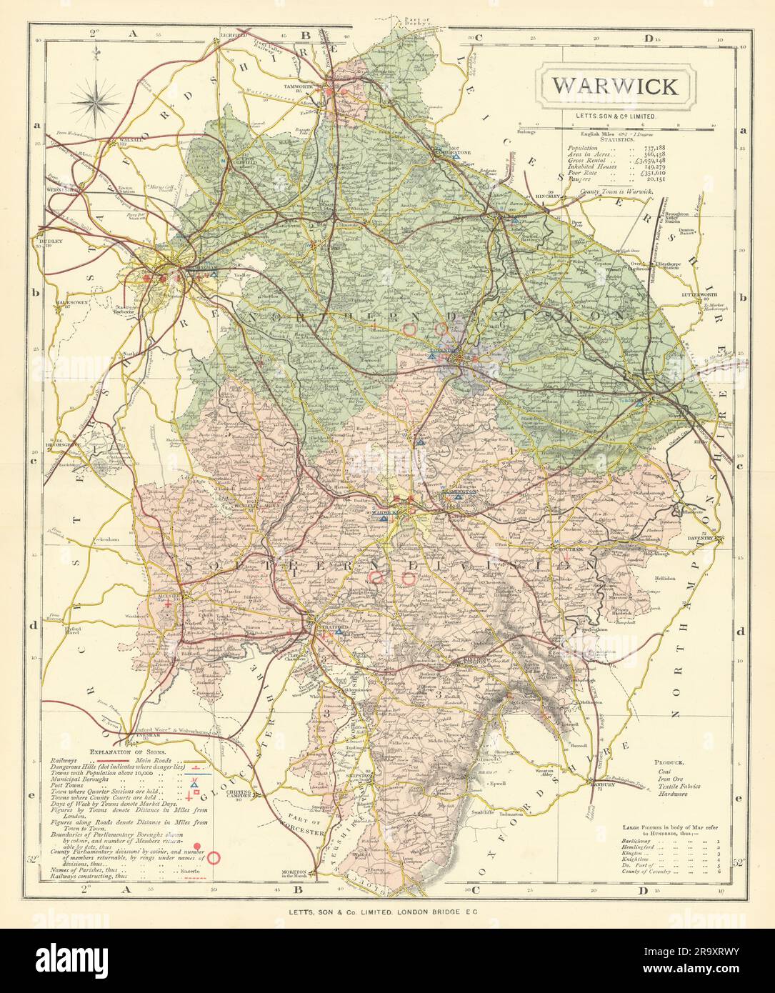 Karte des Bezirks Warwickshire mit Post Towns & Market Days. LETTS 1884 Jahre alt Stockfoto