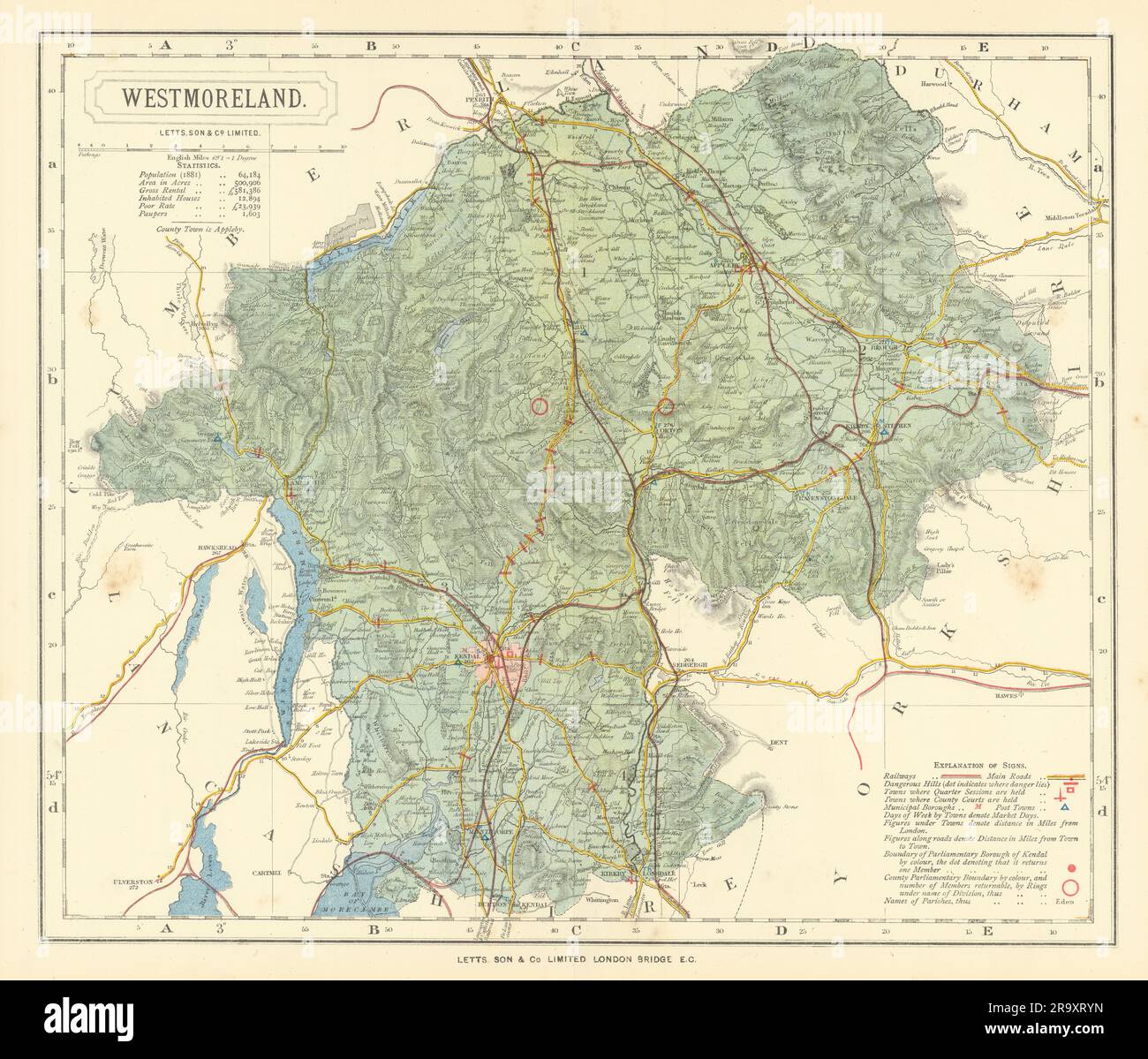 Karte von Westmoreland County mit Post Towns & Market Days. LETTS 1884 Jahre alt Stockfoto
