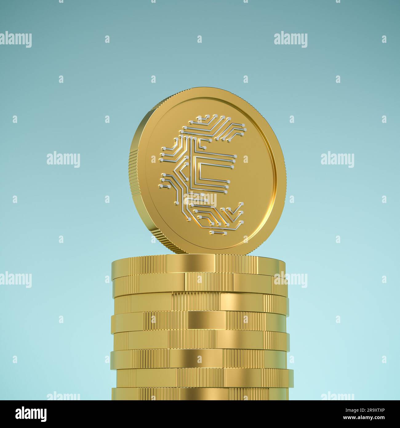 Digitales Euro-Konzept: Euro-Münzen mit Euro-Zeichen in einem Leiterplattenlayout Stockfoto