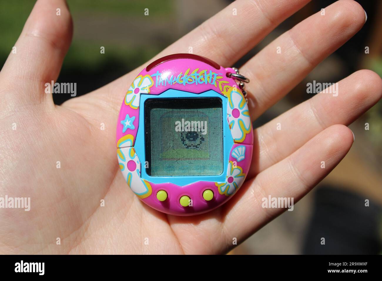 Foto mit einem tamagotchi-Gerät, rosa mit tropischen Blumen, in der Hand gehalten. Stockfoto