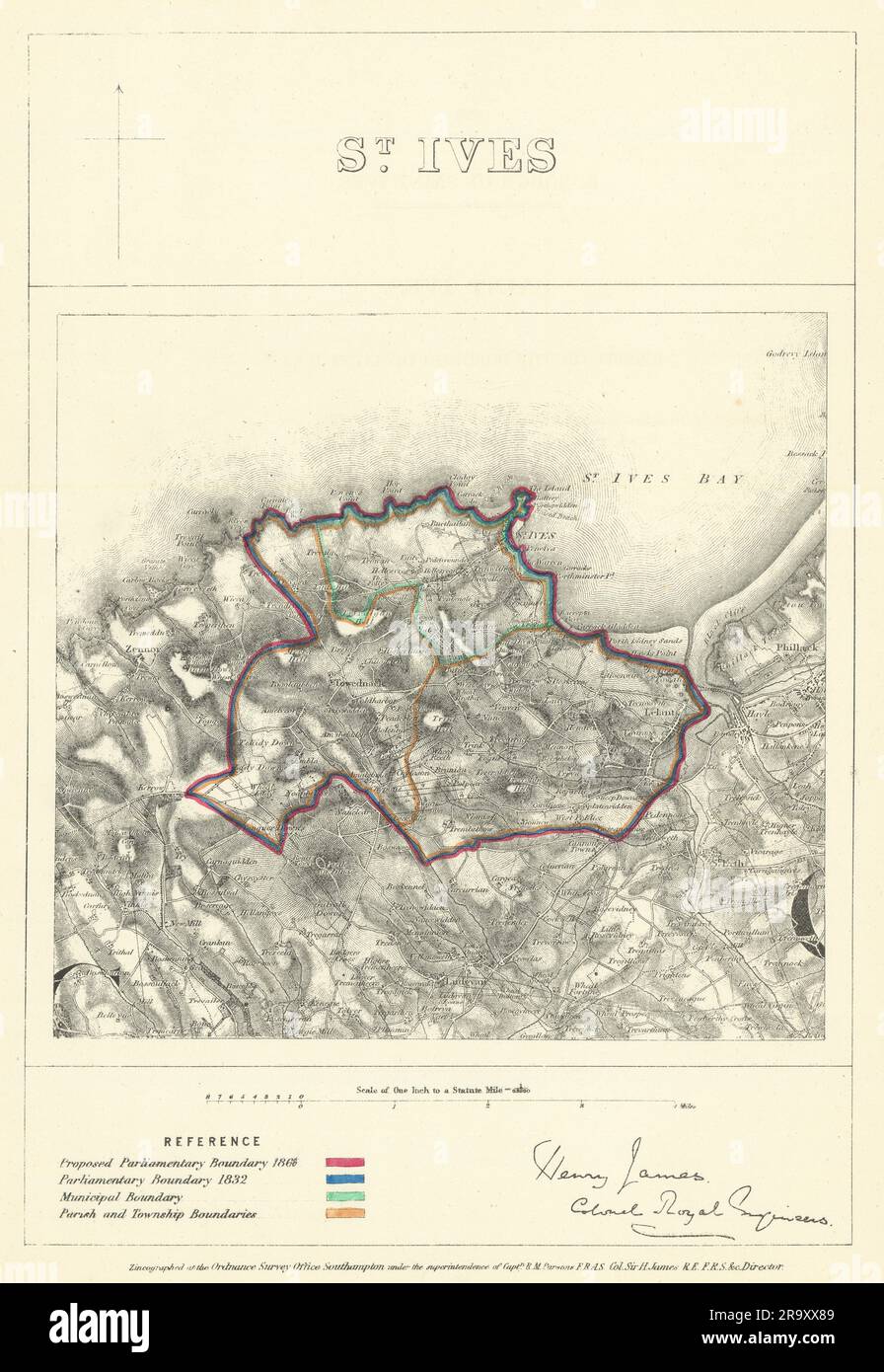St. Ives, Cornwall. JAMES, ICH BIN'S Parlamentarische Grenzkommission 1868 alte Karte Stockfoto