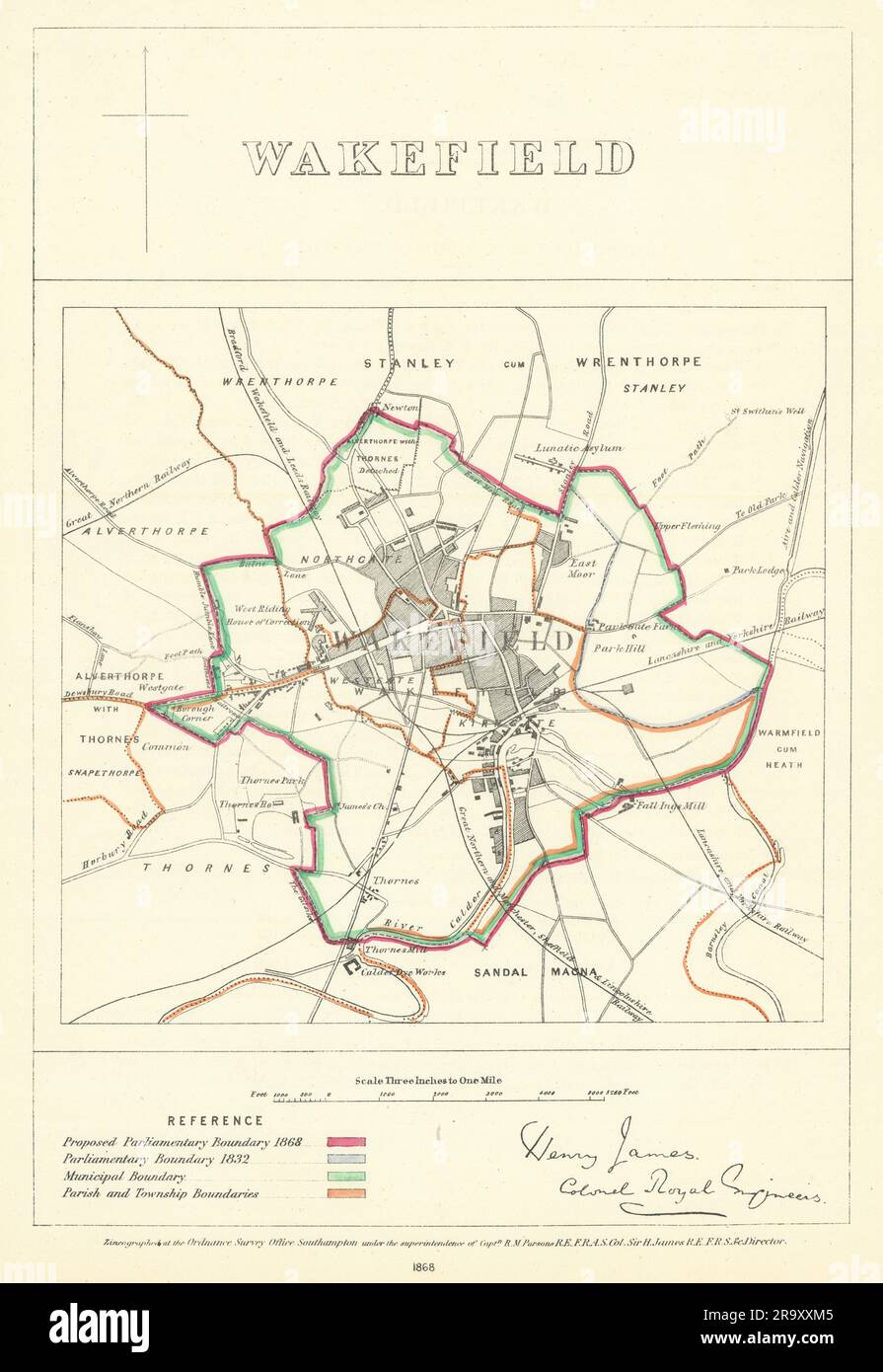 Wakefield, Yorkshire. JAMES, ICH BIN'S Parlamentarische Grenzkommission 1868 alte Karte Stockfoto