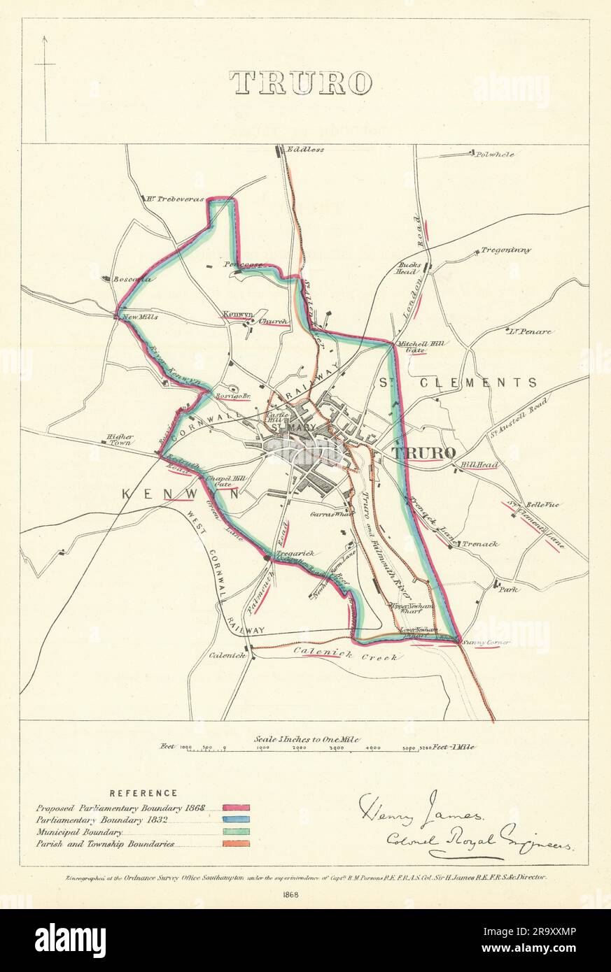 Truro, Cornwall. JAMES, ICH BIN'S Parlamentarische Grenzkommission 1868 alte antike Karte Stockfoto