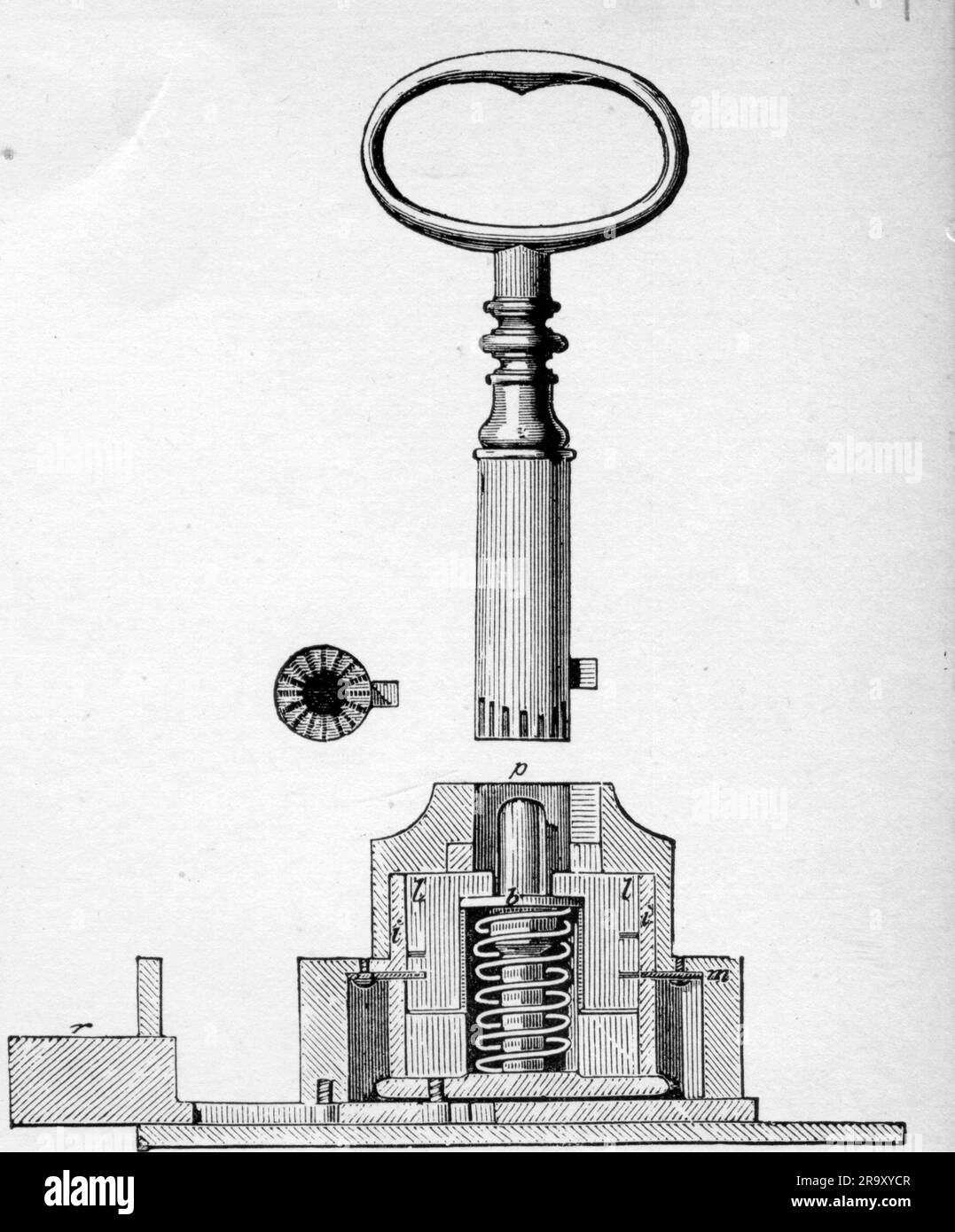 Technik, Schlösser und Schlüssel, Schloss von Joseph Bramah, England, 1784, Querschnitt, Holzgravierung, DAS URHEBERRECHT DES KÜNSTLERS MUSS NICHT GELÖSCHT WERDEN Stockfoto