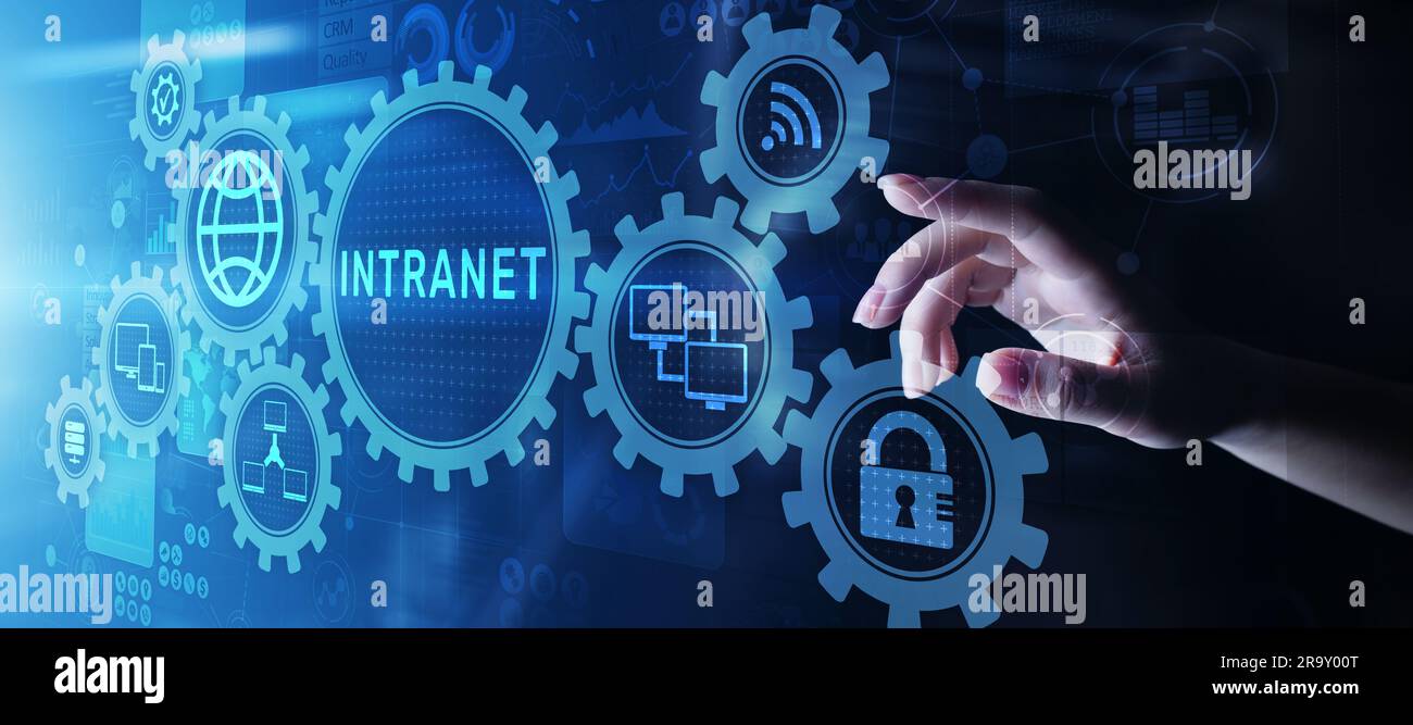 Intranet Business Unternehmenskommunikation Dokumentenmanagementsystem dms. Datenschutz Cybersecurity Technologie Konzept auf virtuellen Bildschirm. Stockfoto