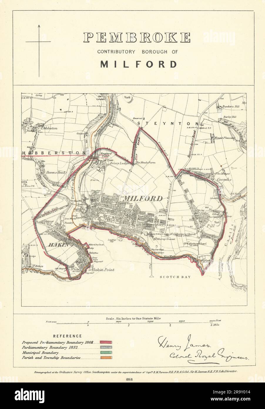 Pembroke Beitragender Bezirk von Milford. JAMES, ICH BIN'S 1868-Karte der Grenzkommission Stockfoto