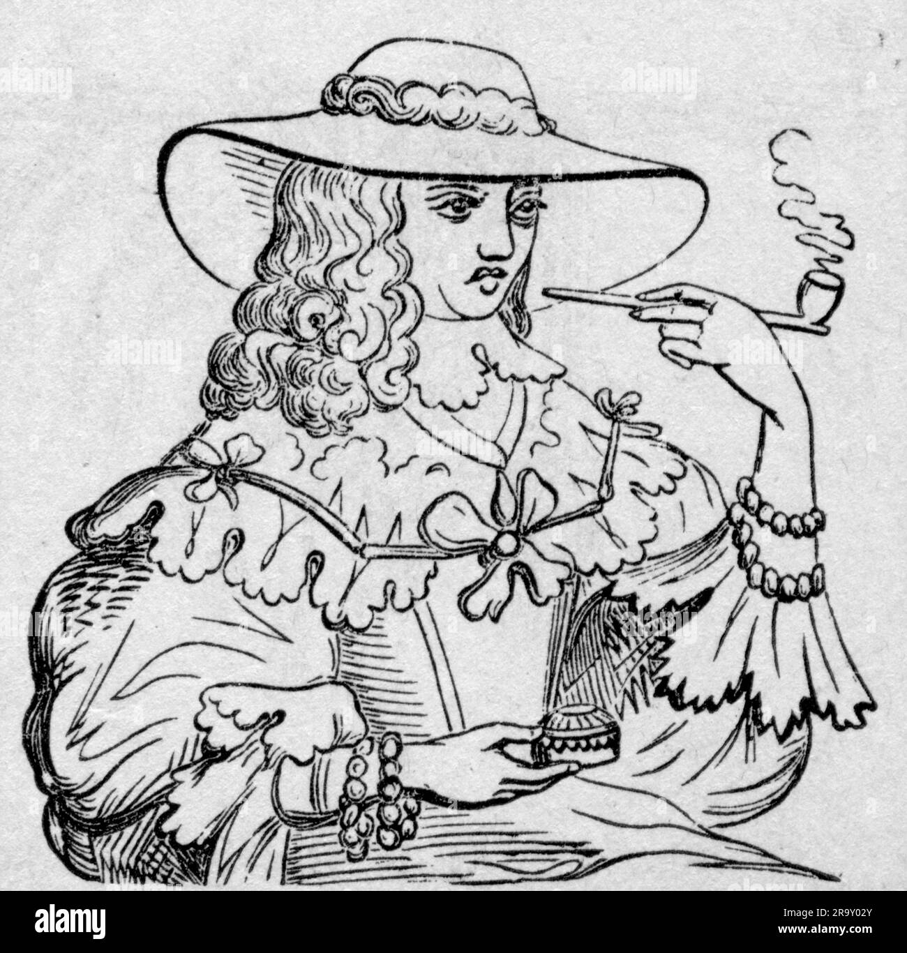 Tabak, Pfeifenraucherin, Holzgravierung, 19. Jahrhundert, nach Illustration, Mitte des 17. Jahrhunderts muss DAS URHEBERRECHT DES KÜNSTLERS NOCH NICHT GEKLÄRT werden Stockfoto