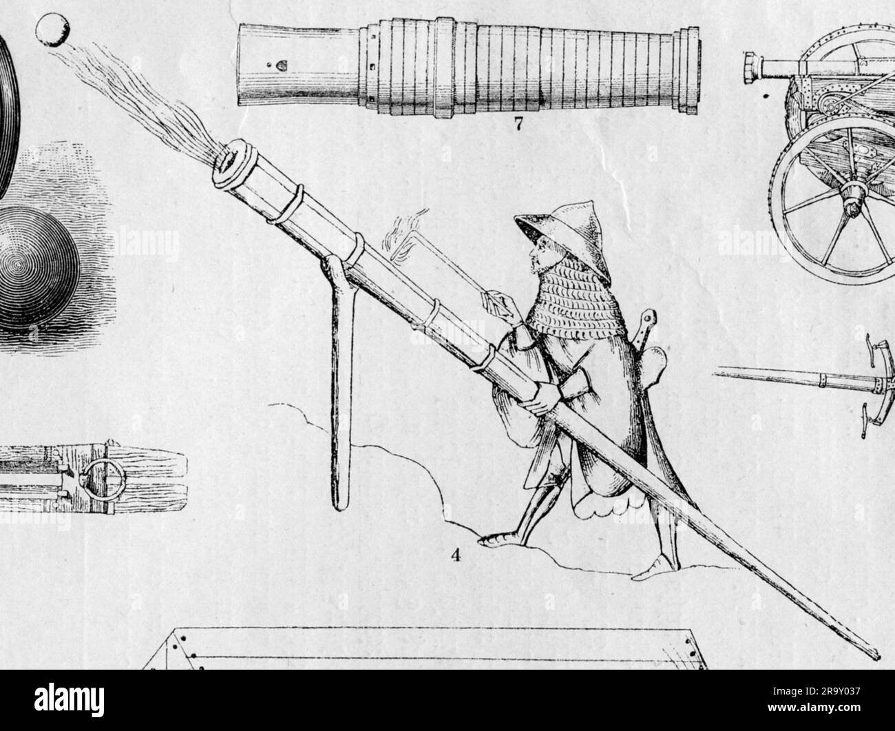 Waffen, Artillerie, Handkanone, die auf einer Heugabel ruht, 1405, DAS URHEBERRECHT DES KÜNSTLERS MUSS NICHT FREIGEGEBEN WERDEN Stockfoto