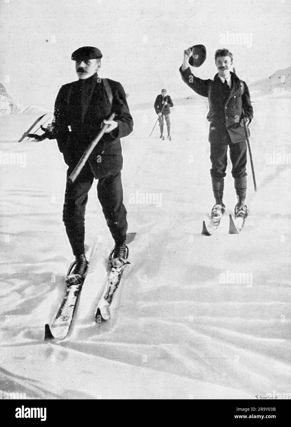 Sport, Wintersport, Skifahren, drei Männer auf der Skipiste, ca. 1905, ZUSÄTZLICHE-RECHTE-FREIGABE-INFO-NICHT-VERFÜGBAR Stockfoto
