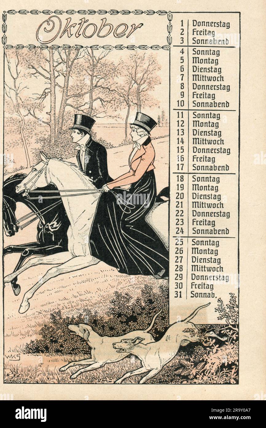 Kalender, Kalenderblatt, Monat Oktober, Zeichnung, Deutschland, CA. 1905, ZUSÄTZLICHE-RECHTE-FREIGABE-INFO-NICHT-VERFÜGBAR Stockfoto