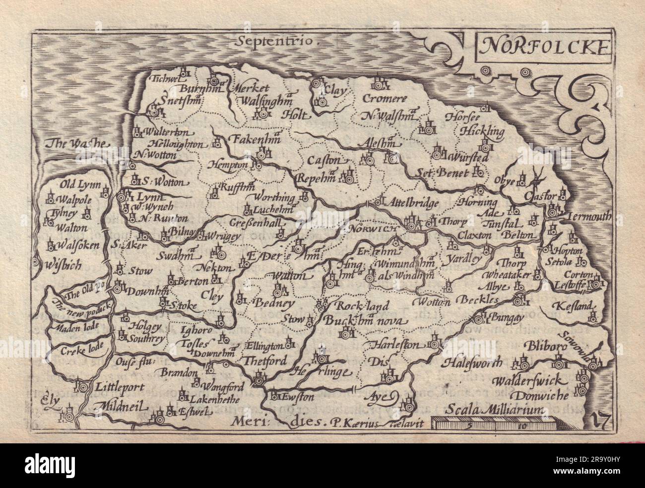 Norfolcke von van den Keere. „Speed Miniature“ Karte von Norfolk County, 1632 Jahre alt Stockfoto