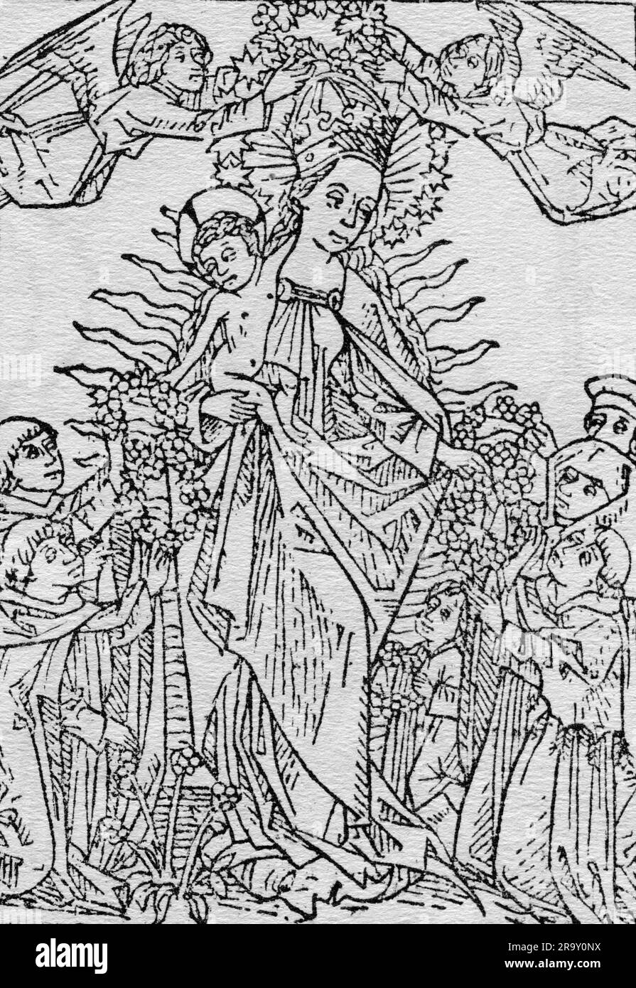 Religion, Christentum, Madonna/Maria mit Kind, Madonna gekrönt von Engeln, Holzschnitt, circa 1500, DAS URHEBERRECHT DES KÜNSTLERS MUSS NICHT GEKLÄRT WERDEN Stockfoto