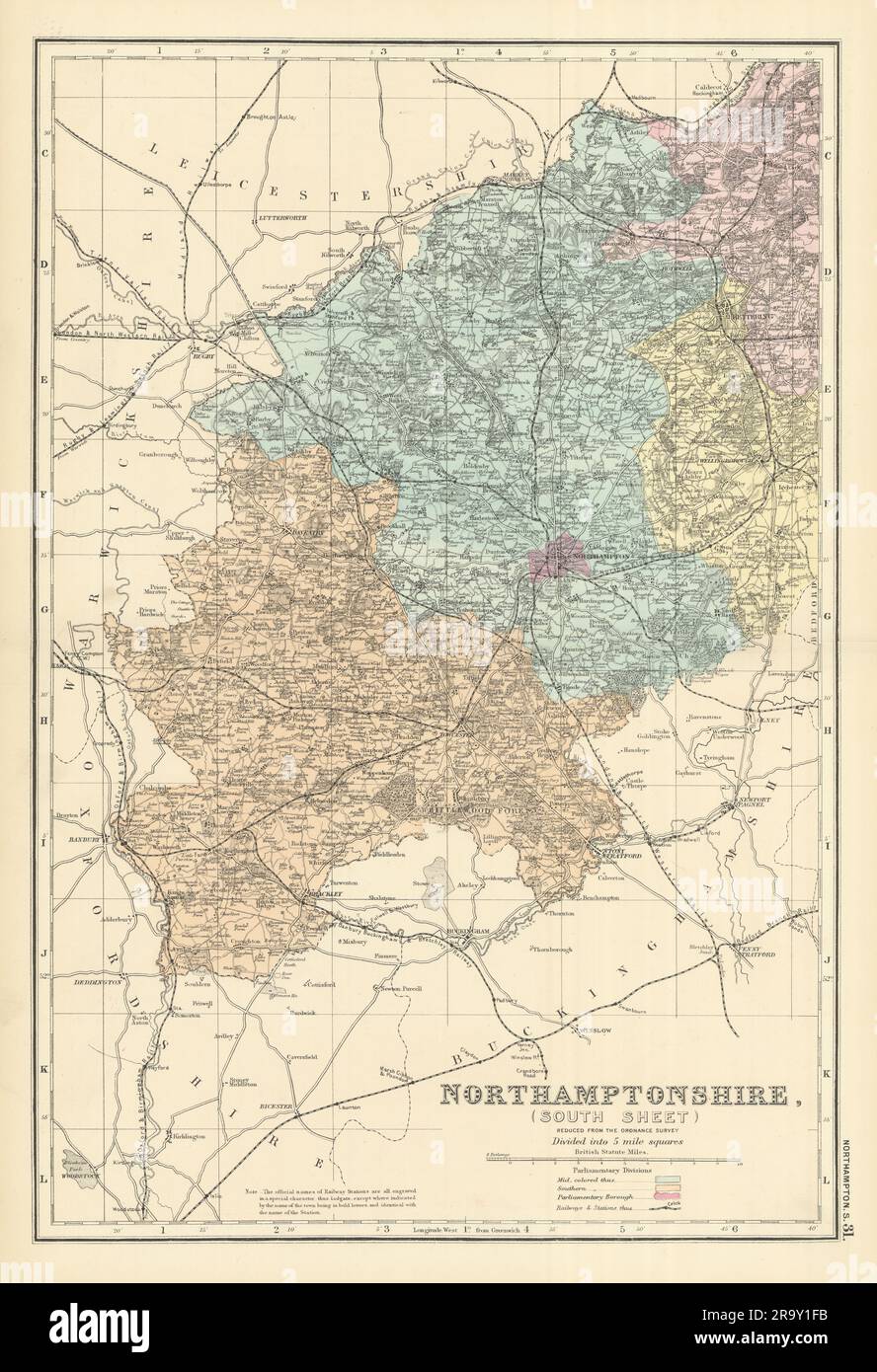 NORTHAMPTONSHIRE (Süd), antike Landkarte von GW BACON 1891 alt Stockfoto