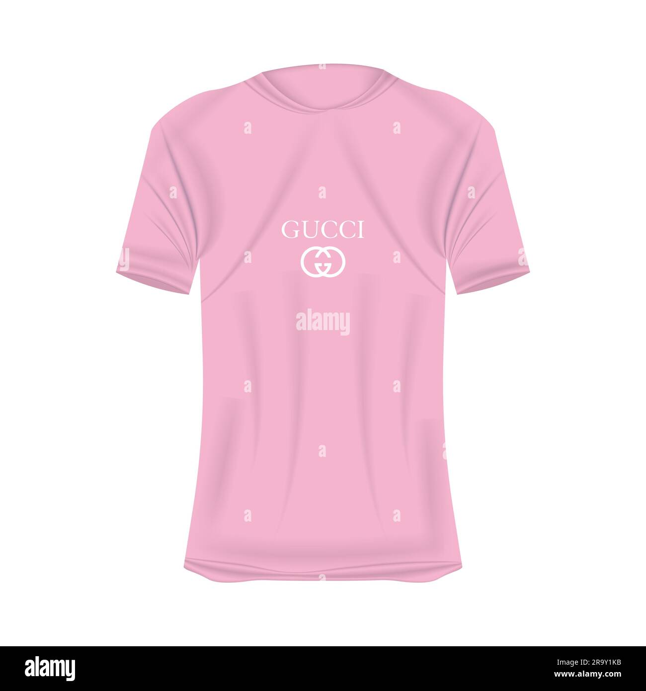 Gucci-Logo-T-Shirt-Mockup in Rosa. Modell eines realistischen Trikots mit kurzen Ärmeln. Leere T-Shirt-Vorlage mit leerem Platz für Design. Gucci-Kleie Stock Vektor