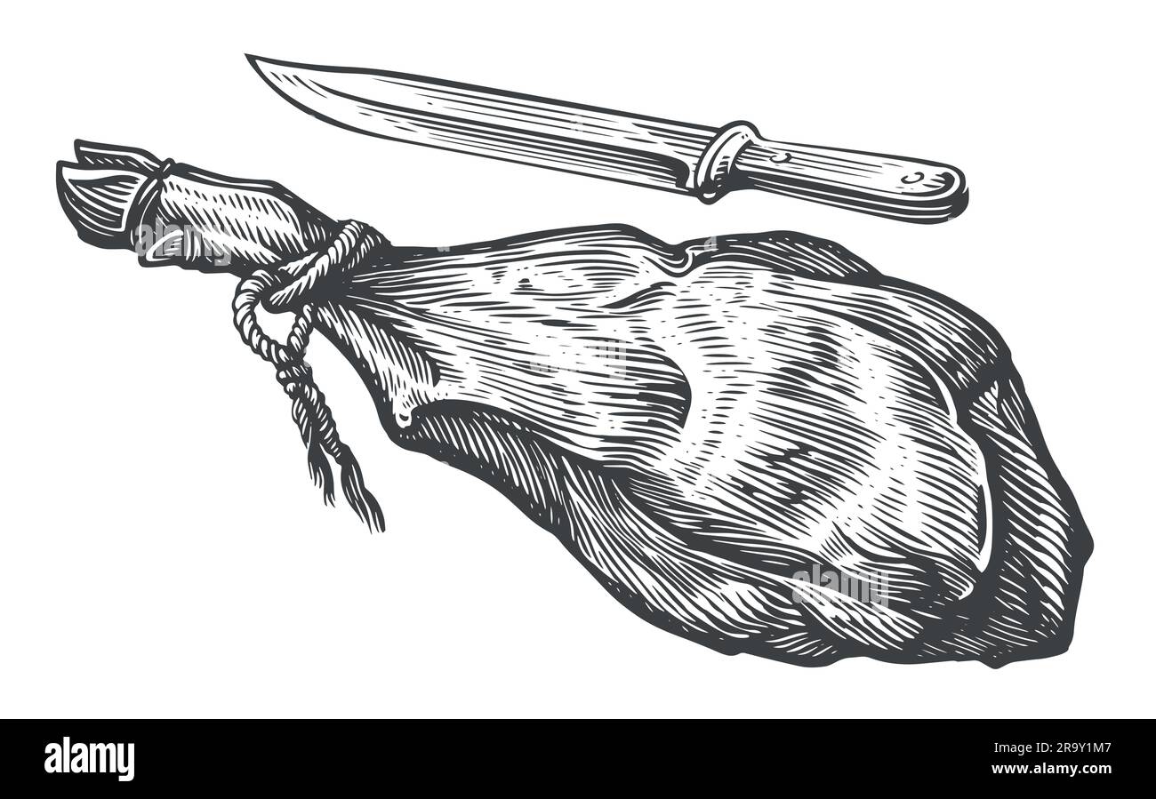 Jamon oder parma Schinken und Messer isoliert. Überträglichkeitsdarstellung für Trockenfleisch Stock Vektor