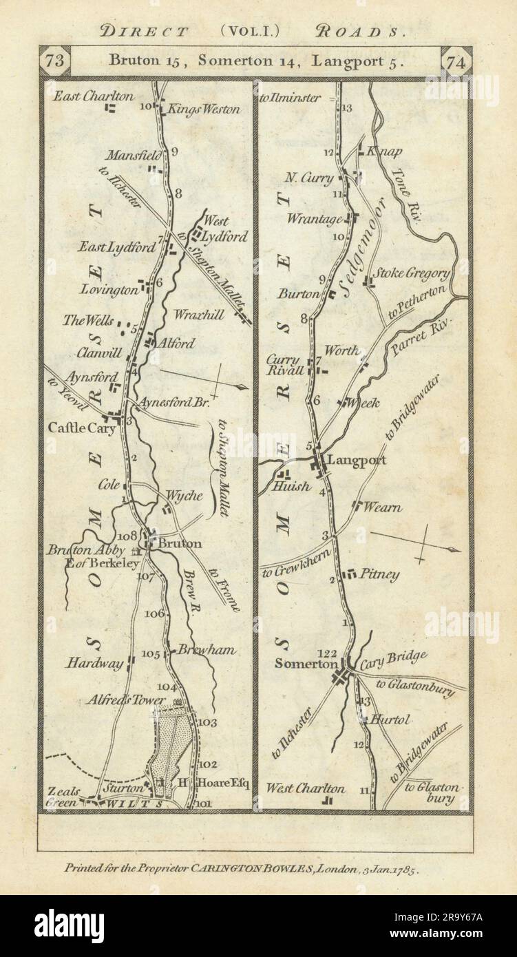 Stourton-Bourton-Castle Cary-Langport-Wrantage Straßenkarte PATERSON 1785 Stockfoto