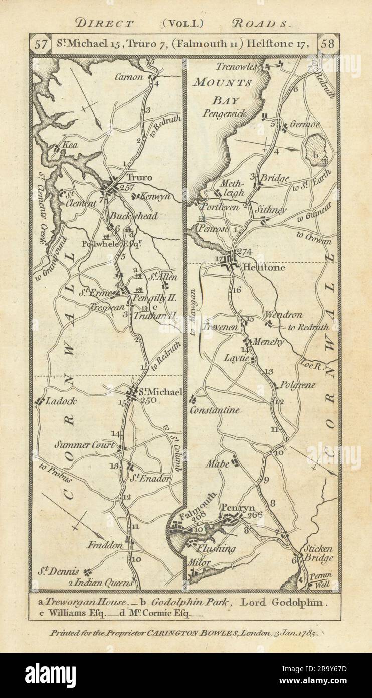 St. Dennis-Truro-Falmouth-Helston-Mount's Bay Road Karte PATERSON 1785 Stockfoto
