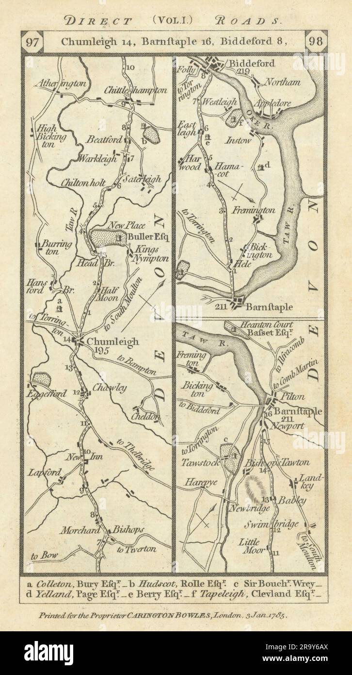 Karte von Chulmleigh - Barnstaple - Bideford Road, PATERSON 1785 Jahre alt Stockfoto