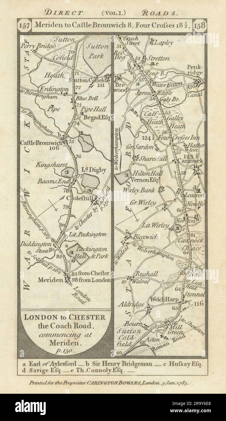 Meriden-Sutton Coldfield-Cannock-Penkridge Road Strip Karte PATERSON 1785 Stockfoto
