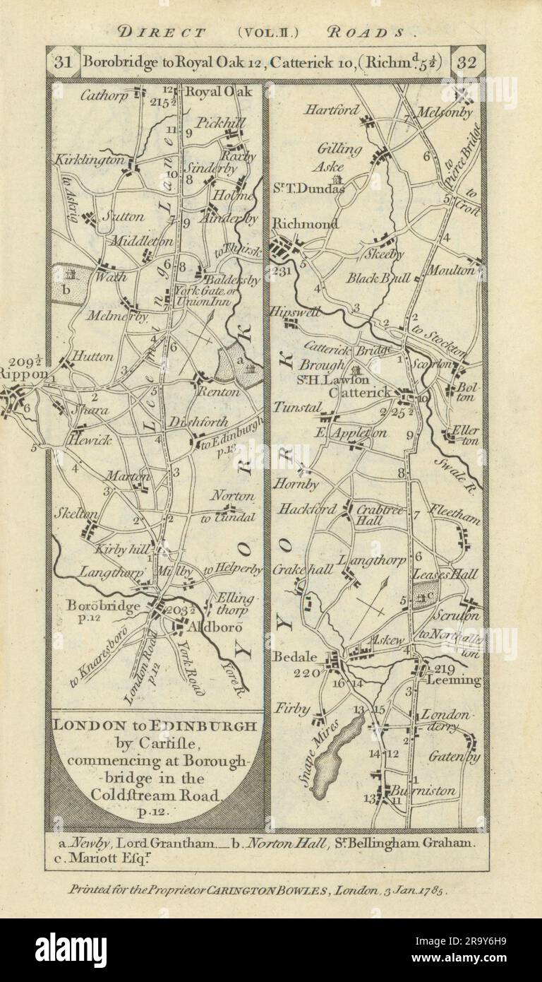 Landkarte Boroughbridge-Ripon-Bedale-Catterick-Richmond PATERSON 1785 Stockfoto