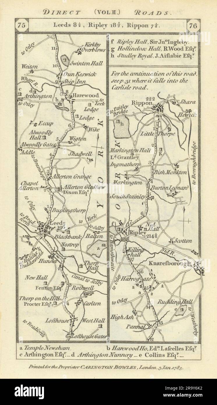 Straßenkarte Leeds-Harewood-Knaresborough-Ripley-Ripon PATERSON 1785 Jahre Stockfoto