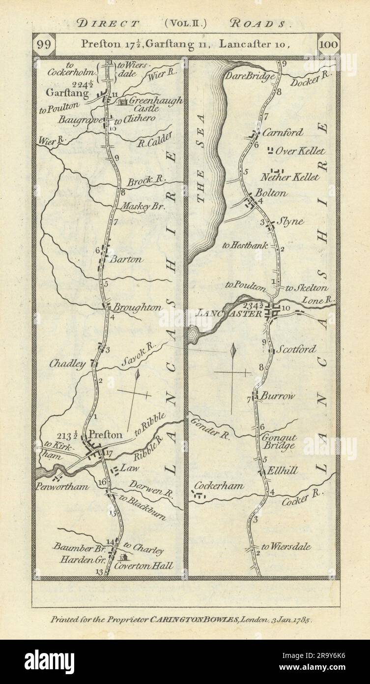 Karte der Preston-Garstang-Lancaster-Bolton-Carnforth-Straße PATERSON 1785 Stockfoto