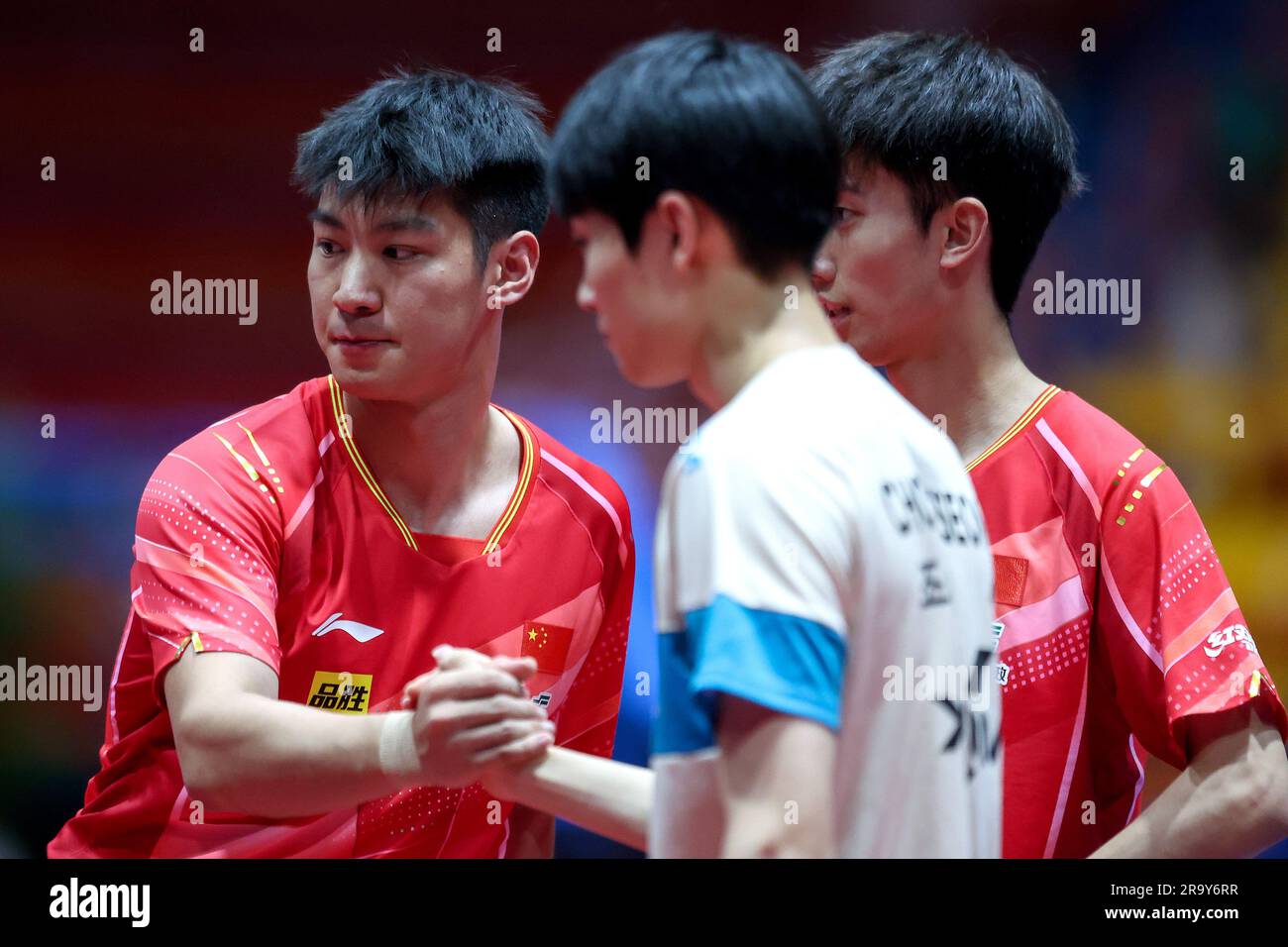 Zagreb, Kroatien. 29. Juni 2023. Liang Yanning, Xue Fei aus China, treten gegen Cho Daeseong, Lee Sang Su aus Südkorea während des WTT-Wettkampfs Zagreb 2023 Men Doubles Round of 16 im Dom Sportova in Zagreb, Kroatien, am 29. Juni 2023 an. Foto: Igor Kralj/PIXSELL Kredit: Pixsell/Alamy Live News Stockfoto