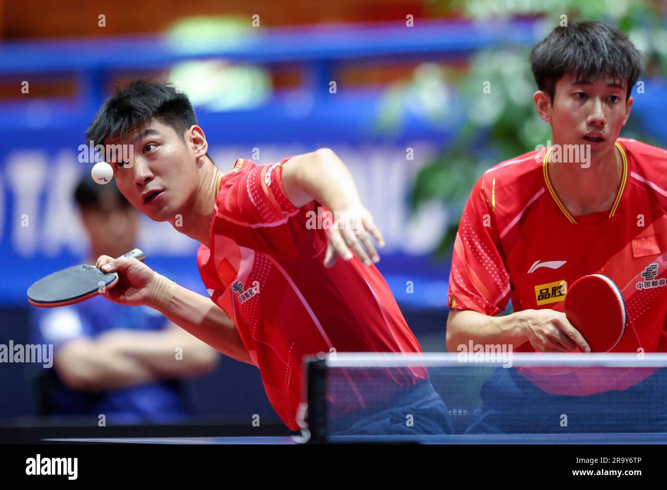 Zagreb, Kroatien. 29. Juni 2023. Liang Yanning, Xue Fei aus China, treten gegen Cho Daeseong, Lee Sang Su aus Südkorea während des WTT-Wettkampfs Zagreb 2023 Men Doubles Round of 16 im Dom Sportova in Zagreb, Kroatien, am 29. Juni 2023 an. Foto: Igor Kralj/PIXSELL Kredit: Pixsell/Alamy Live News Stockfoto