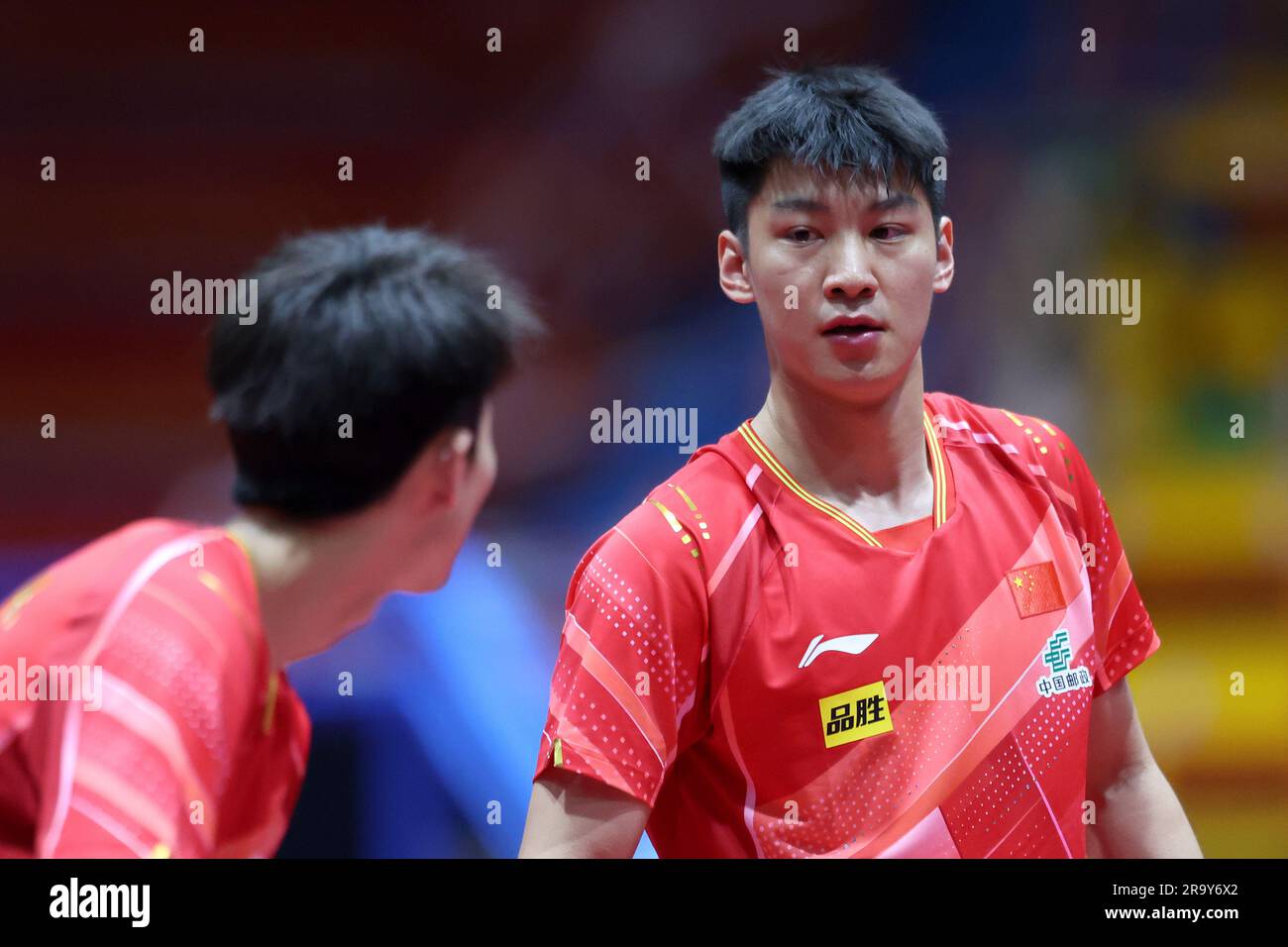 Zagreb, Kroatien. 29. Juni 2023. Liang Yanning, Xue Fei aus China, treten gegen Cho Daeseong, Lee Sang Su aus Südkorea während des WTT-Wettkampfs Zagreb 2023 Men Doubles Round of 16 im Dom Sportova in Zagreb, Kroatien, am 29. Juni 2023 an. Foto: Igor Kralj/PIXSELL Kredit: Pixsell/Alamy Live News Stockfoto