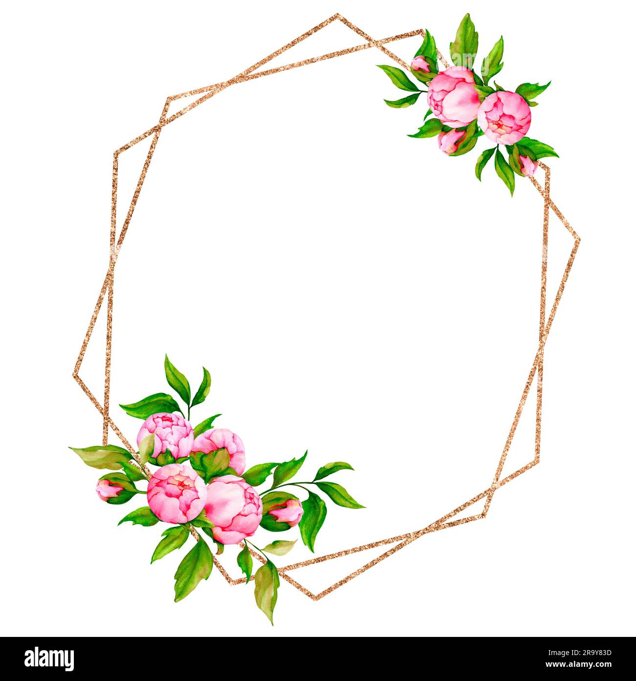 Polygonaler goldener Rahmen mit pinkfarbenen Pfingstrosen. Aquarell-Design für Postkarten, Einladungen, Glückwünsche, Grußkarten für Hochzeiten, Valen Stockfoto