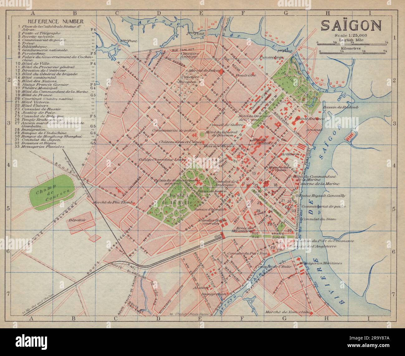 Antiker Stadtplan von Saigon. Ho-Chi-Minh-Stadt. Vietnam 1917 alte Karte Stockfoto
