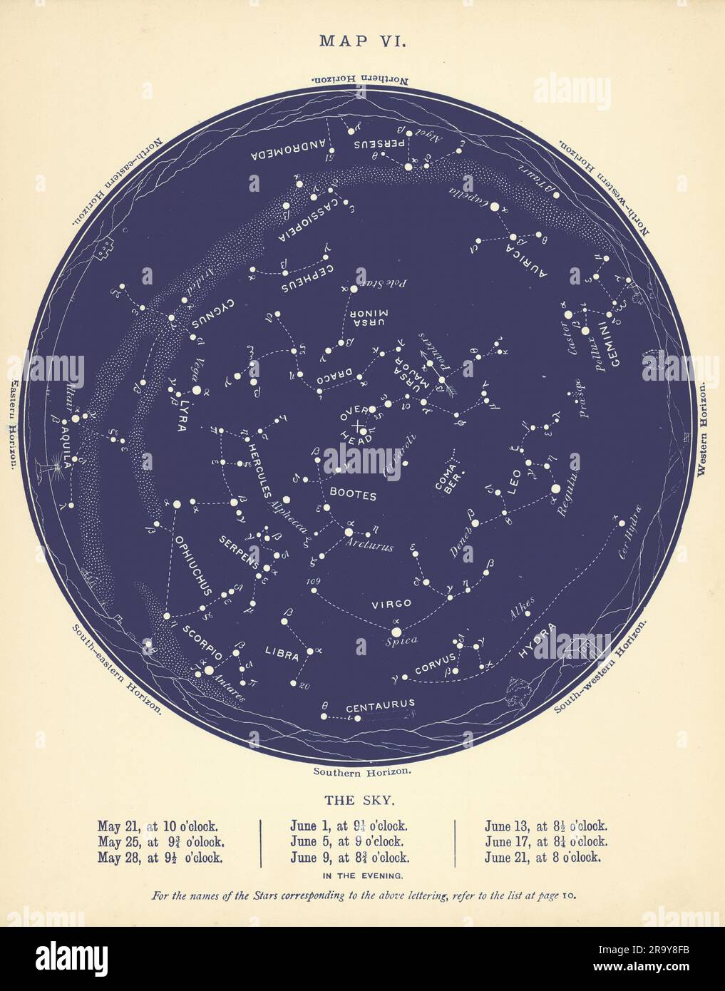 STERNENKARTE VI Der Nachthimmel. Mai-Juni. Astronomie. PROCTOR 1896 alte Antiquität Stockfoto
