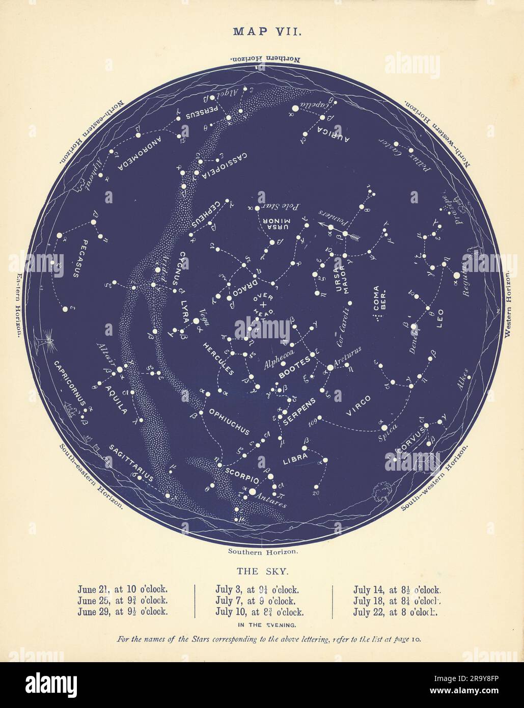 STERNENKARTE VII Der Nachthimmel. Juni-Juli. Astronomie. PROCTOR 1896 alt Stockfoto