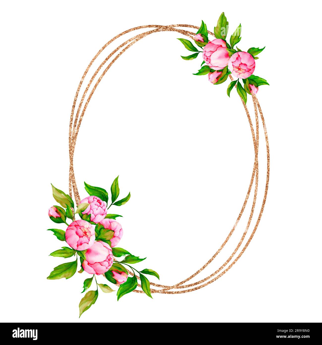 Ovaler goldener Rahmen mit rosa Pfingstrosen. Aquarell-Design für Postkarten, Einladungen, Glückwünsche, Grußkarten für Hochzeiten, Valen Stockfoto
