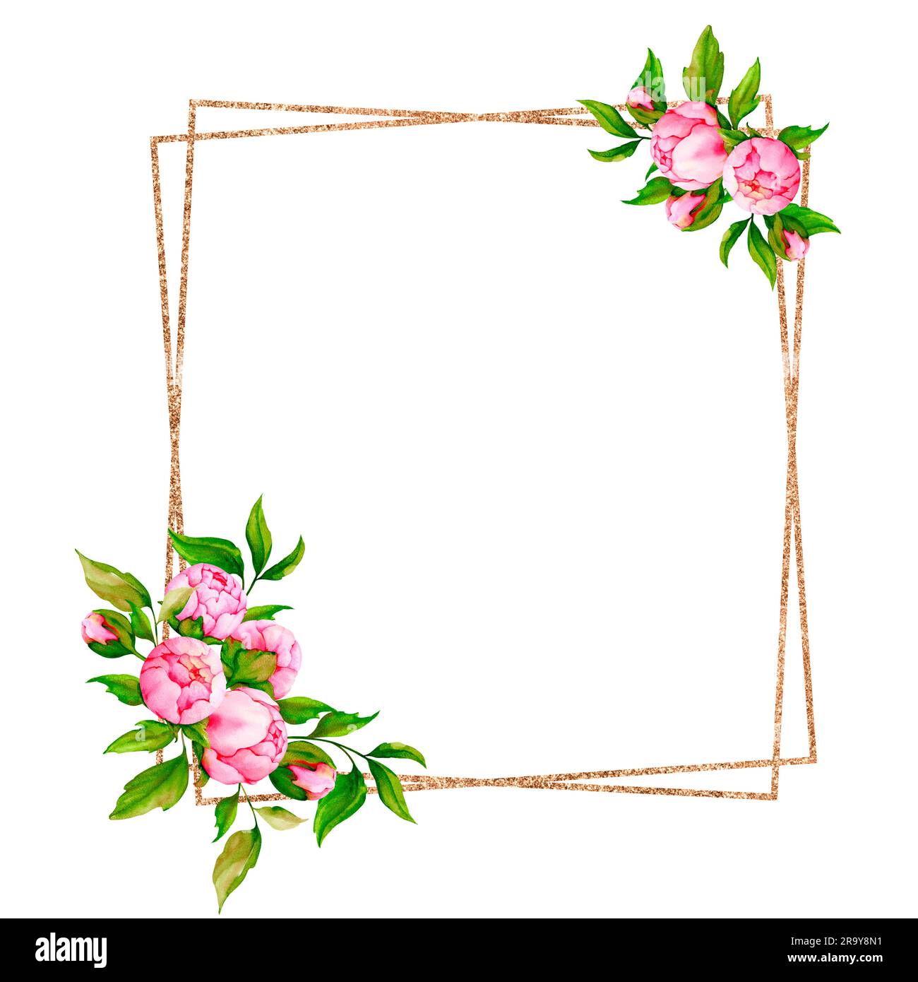 Polygonaler goldener Rahmen mit pinkfarbenen Pfingstrosen. Aquarell-Design für Postkarten, Einladungen, Glückwünsche, Grußkarten für Hochzeiten, Valen Stockfoto