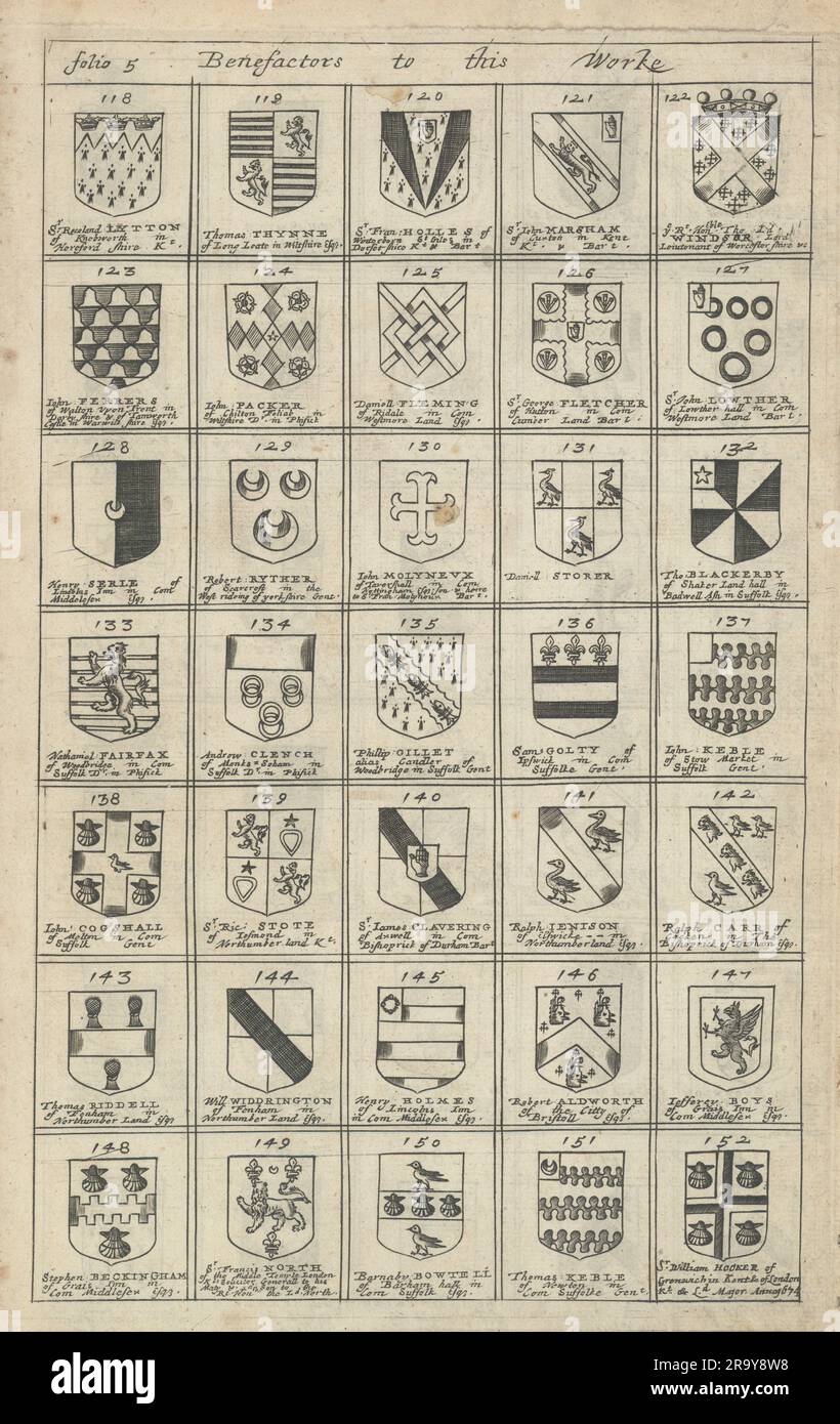 Familienwappen von Wohltätern für Blomes Britannien. Folio 5 #118-152 1673 Stockfoto