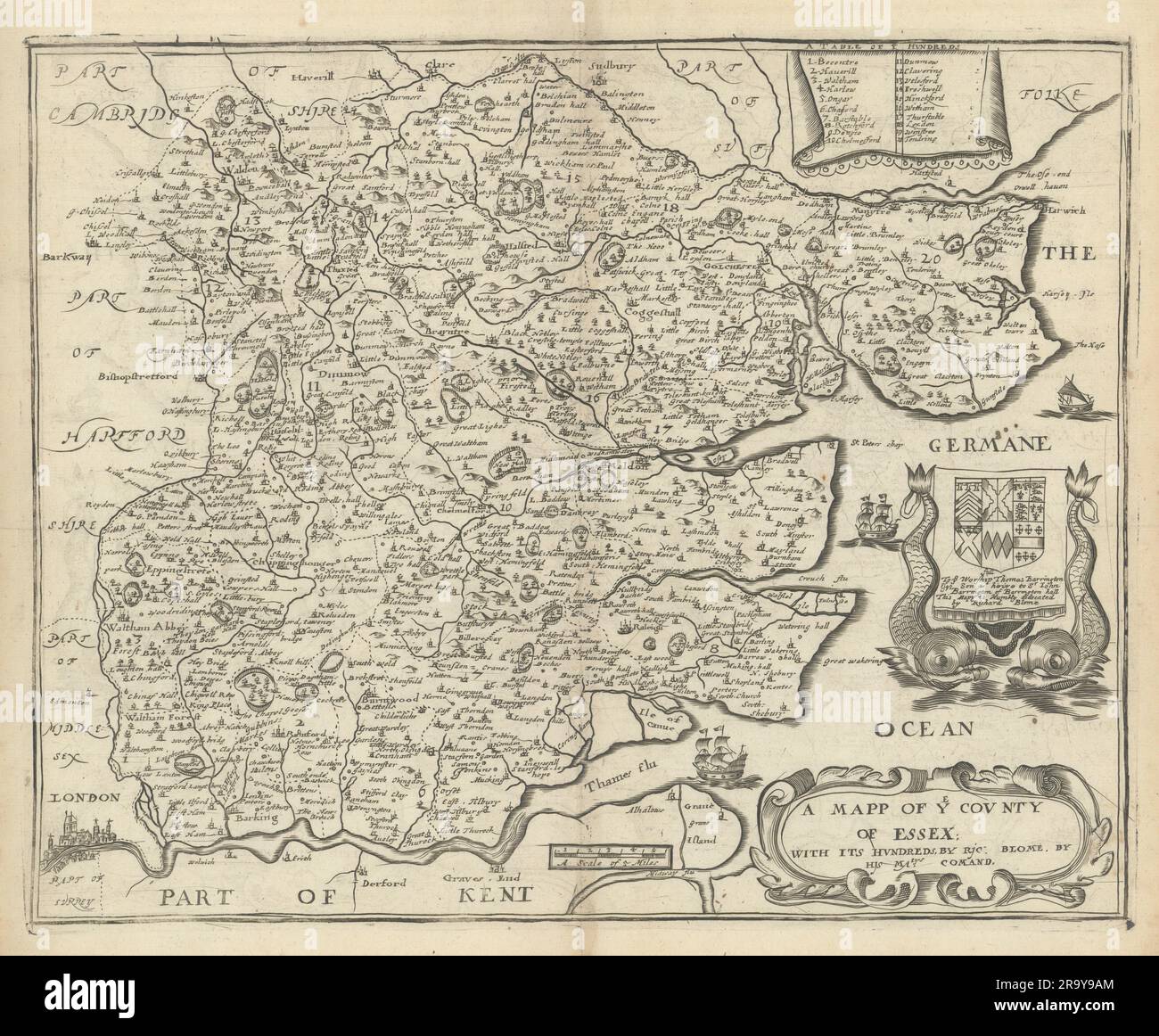 A Mapp of Ye County in Essex; mit Hunderten von Richard Blome 1673 Jahre alt Stockfoto