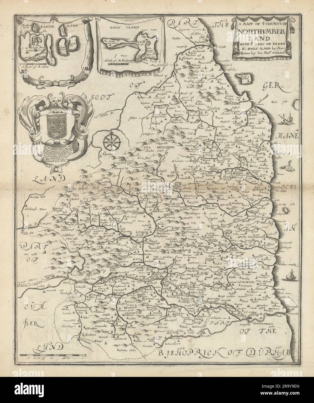 Eine Mapp von Ye County von Northumberland mit… Farne & Holy Iland. BLOME 1673 Stockfoto