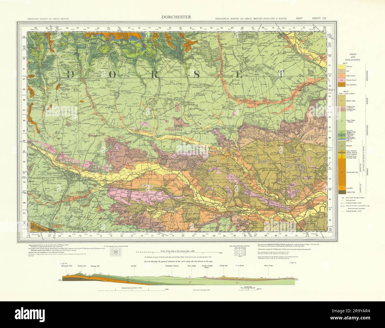 Dorchester. Geologische Landkarte aus dem Vintage-Stil. Blatt 328. Dorset Dorset Downs 1966 Stockfoto