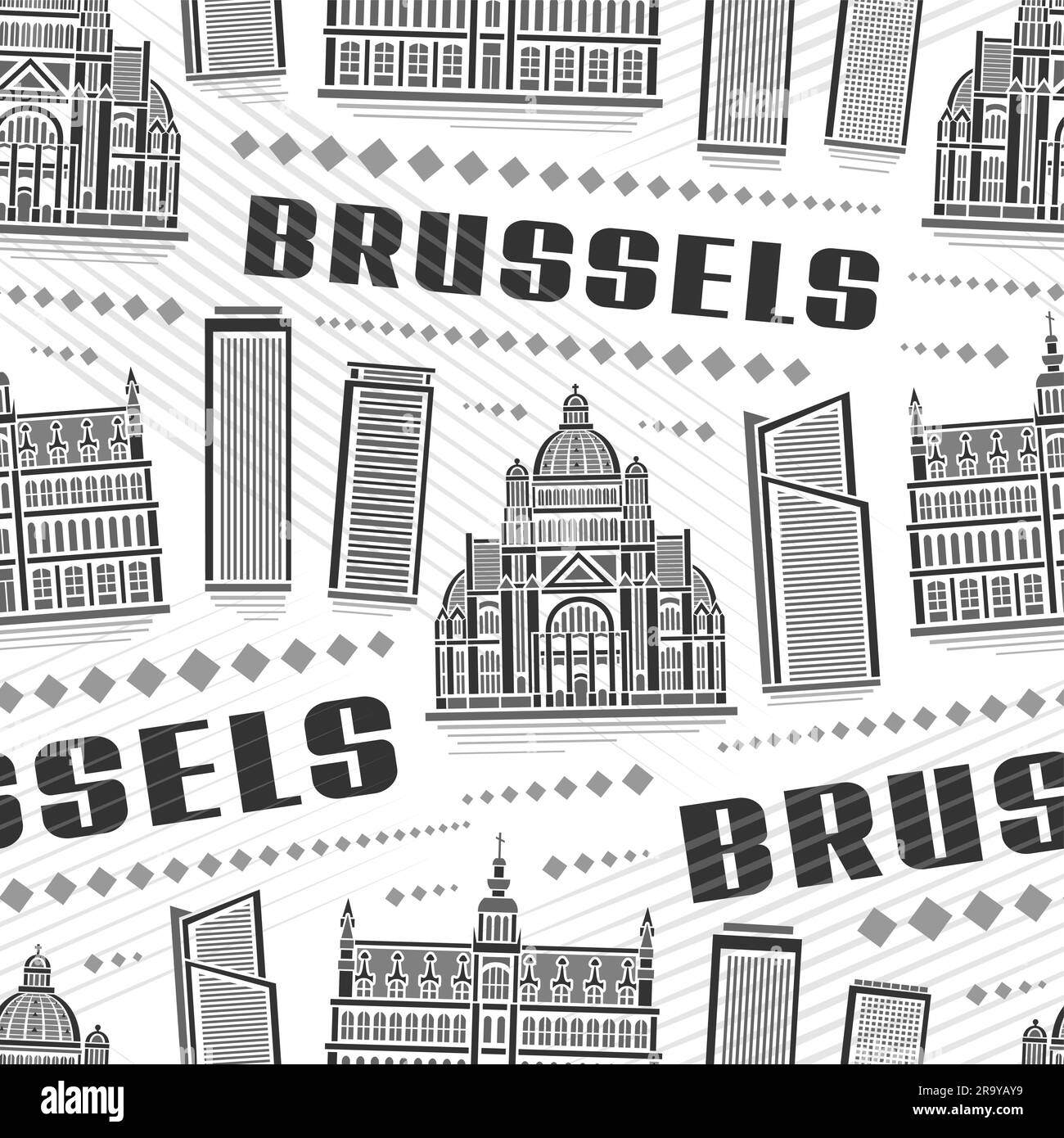 Vector Brussels Seamless Pattern, quadratischer, sich wiederholender Hintergrund mit Illustration der berühmten europäischen stadt brüssel auf weißem Hintergrund, monochrom Stock Vektor