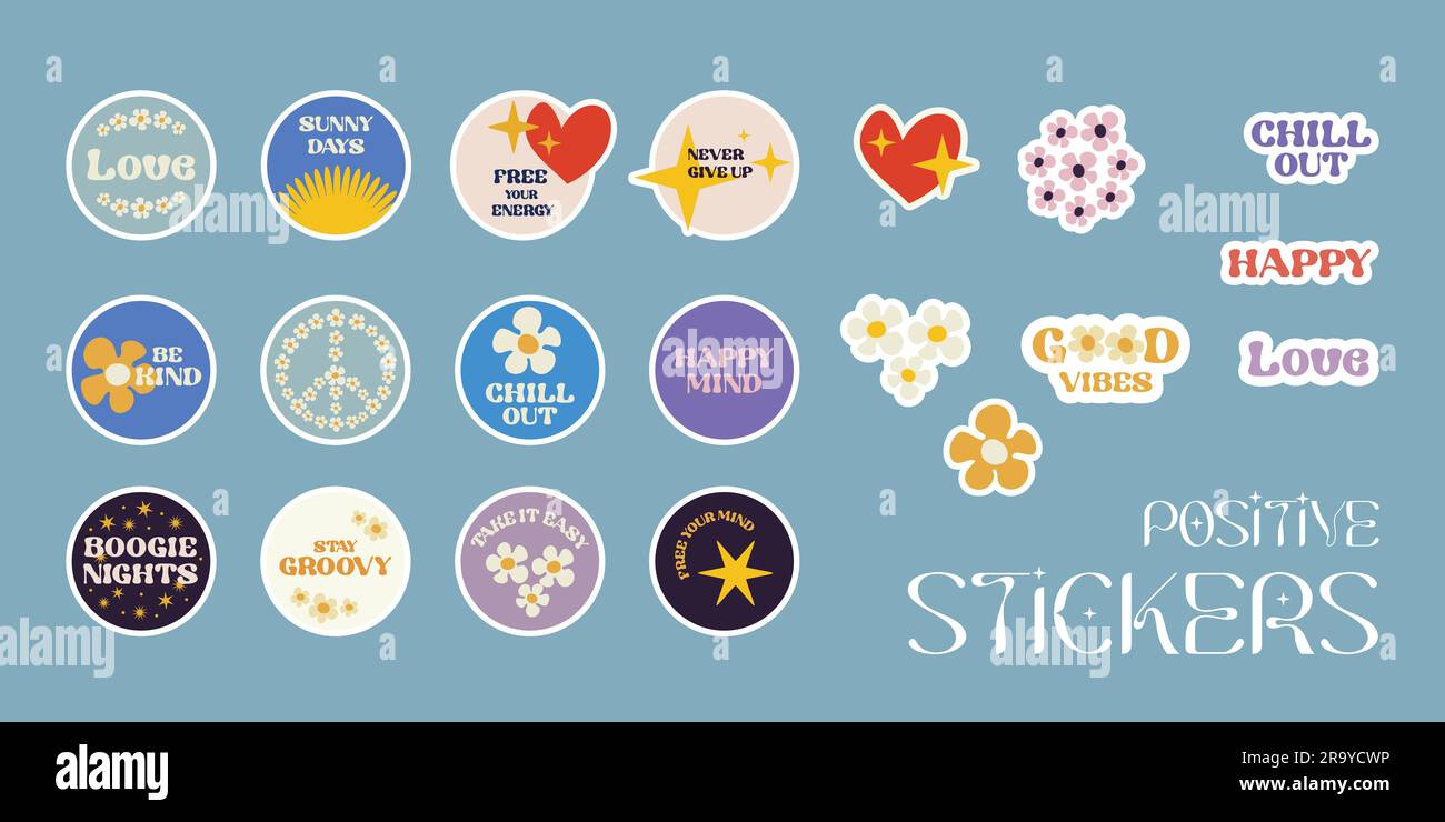 Setze positive Sticker im groovy Retro-Style Stock Vektor