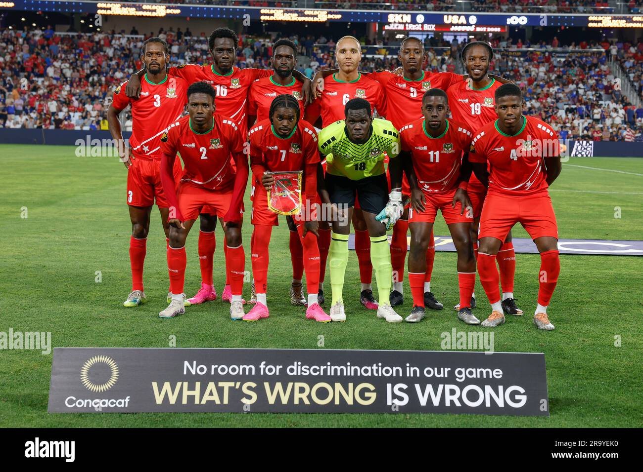 St. Louis, MO. USA; Team St. Kitts und Nevis posieren für ein Foto vor einem CONCACAF Gold Cup-Spiel gegen die USA am Mittwoch, den 28. Juni 2023 Stockfoto