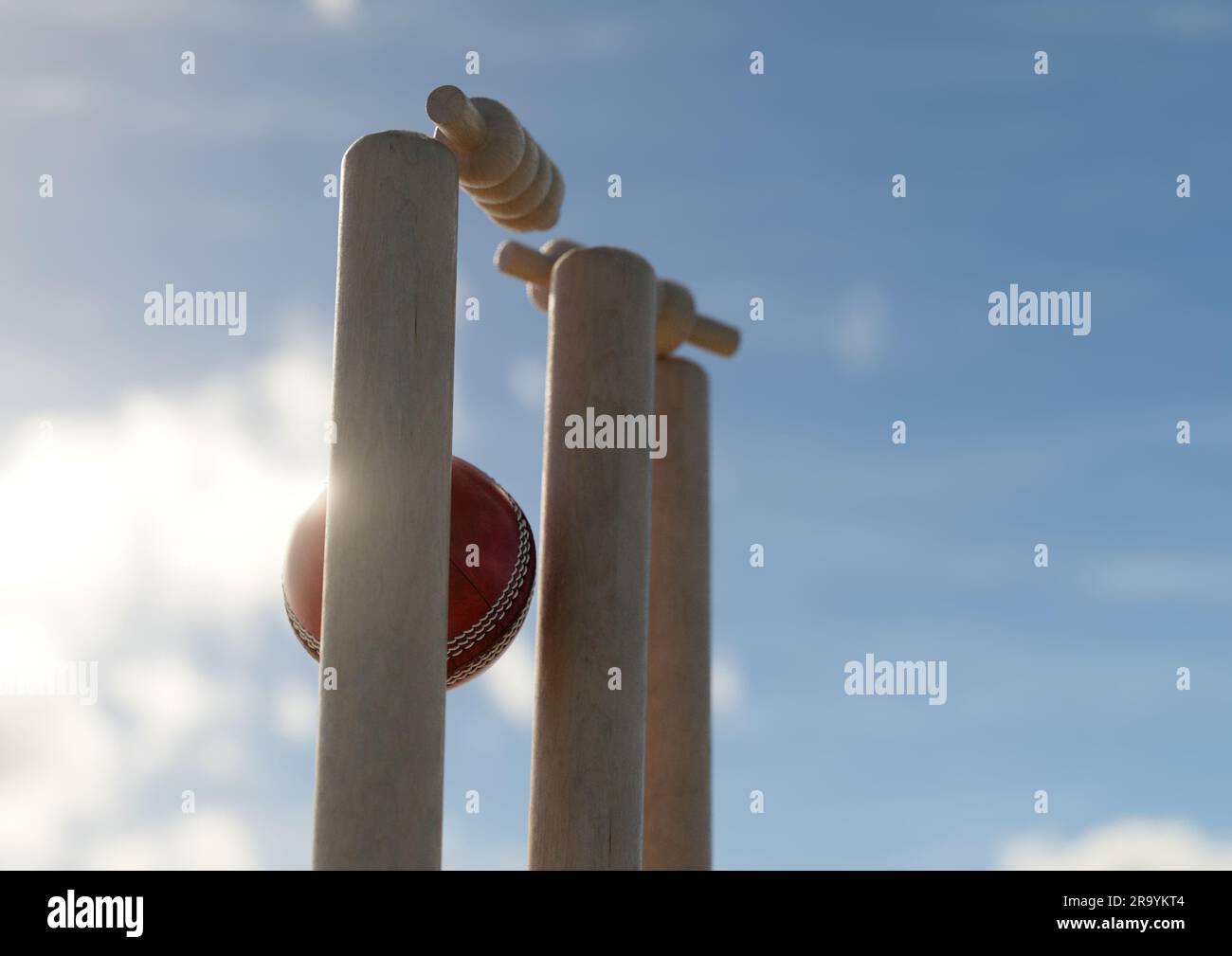 Ein roter Cricket-Ball mit Holzkricket-Wickets mit beweglichen Grillen am Tageshimmel – 3D-Rendering Stockfoto